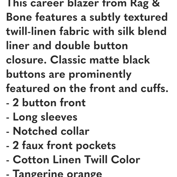 RAG & BONE Bailey Tangerine Twill Linen Blend blazer Size 8 - Picture 15 of 15